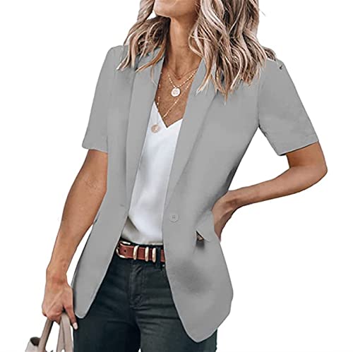 Sawmew Kurze Blazer Jacken für Damen, Lässig, Einfarbig, Kurzärmlig, Vorne Offen, Büro-Blazer mit Taschen (Color : Gray, Size : 3XL) von Sawmew