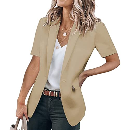 Sawmew Kurze Blazer Jacken für Damen, Lässig, Einfarbig, Kurzärmlig, Vorne Offen, Büro-Blazer mit Taschen (Color : Khaki, Size : 3XL) von Sawmew