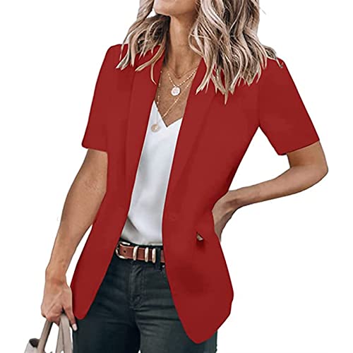 Sawmew Kurze Blazer Jacken für Damen, Lässig, Einfarbig, Kurzärmlig, Vorne Offen, Büro-Blazer mit Taschen (Color : Red, Size : XXL) von Sawmew