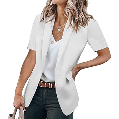 Sawmew Kurze Blazer Jacken für Damen, Lässig, Einfarbig, Kurzärmlig, Vorne Offen, Büro-Blazer mit Taschen (Color : White, Size : L) von Sawmew