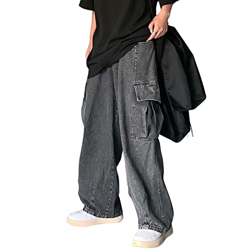 Sawmew Lässige Baggy Jeans für Herren, Vintage Hip-Hop Jeanshose, Lockere Passform Tanz und Skateboard-Hose (Color : Black, Size : XXL) von Sawmew