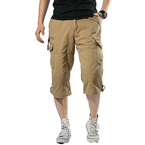 Sawmew Lange Capri-Cargo-Shorts für Herren, lässige 3/4-Shorts aus elastischem Twill, unterhalb des Knies, leicht, mit Mehreren Taschen, Kurze Hose, entspannte Passform (Color : Khaki, Size : M) von Sawmew
