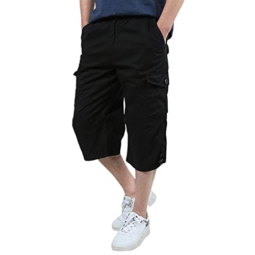 Sawmew Lange Cargo-Shorts für Herren, 3/4-elastische Unterknie-Shorts, mehrere Taschen, leichte, Kurze Hose, entspannte Passform (Color : Black, Size : L) von Sawmew