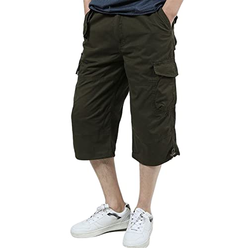 Sawmew Lange Cargo-Shorts für Herren, 3/4-elastische Unterknie-Shorts, mehrere Taschen, leichte, Kurze Hose, entspannte Passform (Color : Green, Size : 5XL) von Sawmew