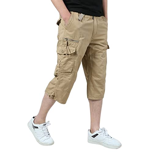 Sawmew Lange Cargo-Shorts für Herren, 3/4-elastische Unterknie-Shorts, mehrere Taschen, leichte, Kurze Hose, entspannte Passform (Color : Khaki, Size : 3XL) von Sawmew