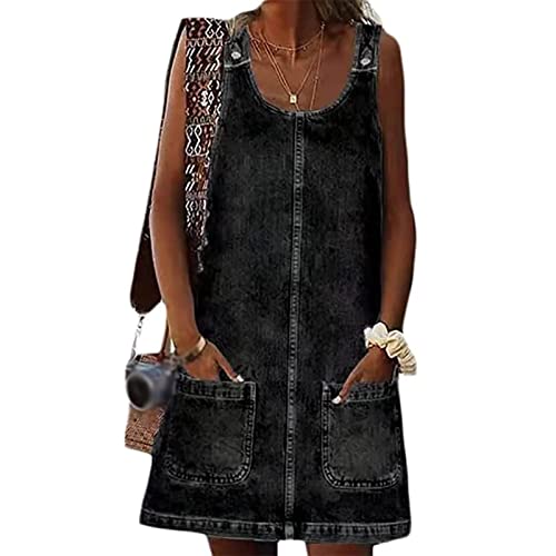 Sawmew Latzhose Rock Damen Kurzes Kleid Denim Latzhose Ärmelloses Jeanskleid Overall Plus Size Jumpsuit mit Hosenträgern und Taschen (Color : Black, Size : L) von Sawmew