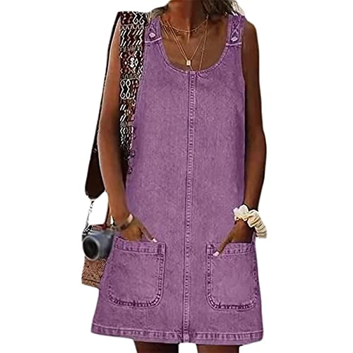 Sawmew Latzhose Rock Damen Kurzes Kleid Denim Latzhose Ärmelloses Jeanskleid Overall Plus Size Jumpsuit mit Hosenträgern und Taschen (Color : Purple, Size : 3XL) von Sawmew