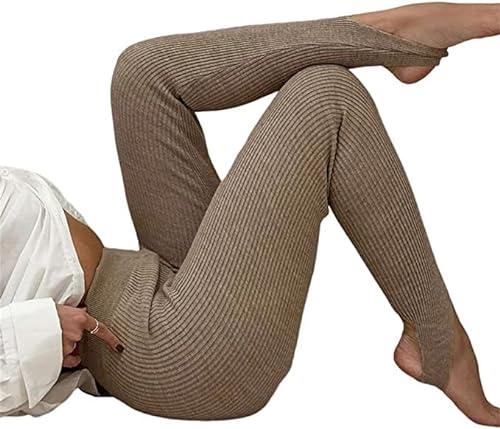 Sawmew Leggings Damen Gerippte Strickleggings Hohe Taille Fitness Basic Hose Lässige Frauen Skinny Leggings Strumpfhose Schlanke Winterhose (Color : Khaki, Size : L) von Sawmew