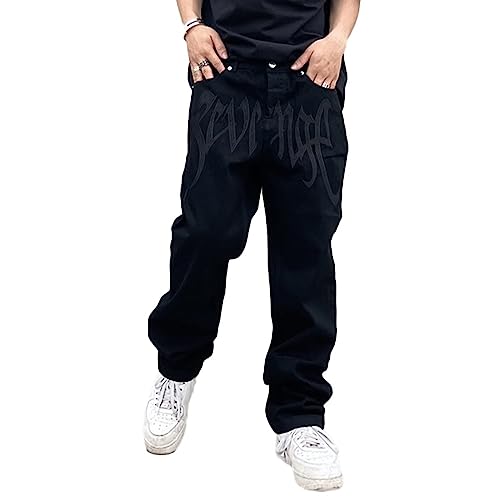 Sawmew Letter Print Straight Men Hip Hop Jeans Hose Y2K Baggy Denim Pants for Teens Dark Academia Pantalones (Color : Black, Size : M) von Sawmew