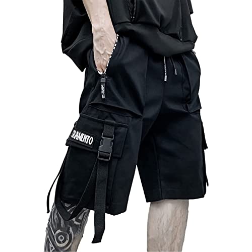 Sawmew Multi-Taschen Shorts Mit Ribbon Gürtel Mann Harajuku Streetwear Casual Kurze Hosen Goth Hip Hop Punk Shorts für Männer (Color : Black, Size : L) von Sawmew