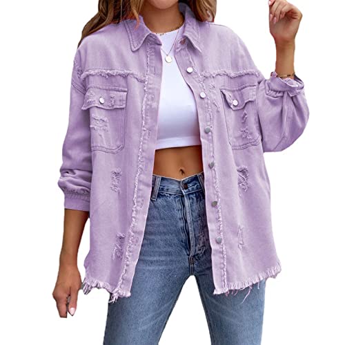 Sawmew Oversized Jeansjacken für Damen, Lose Langärmlige Jean Jacke mit Modischer Zerrissenheit Lässige Basic Jeansjacke mit Lange Casual Waschung (Color : Purple, Size : S) von Sawmew