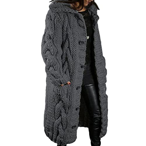 Sawmew Strickjacke Damen Strickmantel Lang Grobstrick Strick Cardigans Strickpullover Outwear Langarm Coat Kapuzenpullover Lose Warm Herbst Winter Jacke Lange Pullover Mantel mit Kapuze Strickcardigan von Sawmew