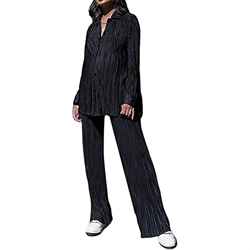 Sawmew Y2k Damen Zweiteilige Outfits 2000er Jahre Langarm Button Down Plissee Hemd + Hose Set (Color : Black, Size : M) von Sawmew