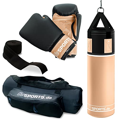 ScSPORTS Boxsack-Set, für Jugendliche und Kinder, Box-Set mit Boxhandschuhen, Boxbandagen und Tasche, 12 kg, beige/schwarz von ScSports