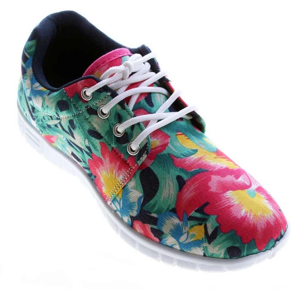 Scandi Damen Sneaker Halb Schuhe leicht flexibel bunt Schnürschuh Leinenschuhe Blumen Muster Bunt von Scandi