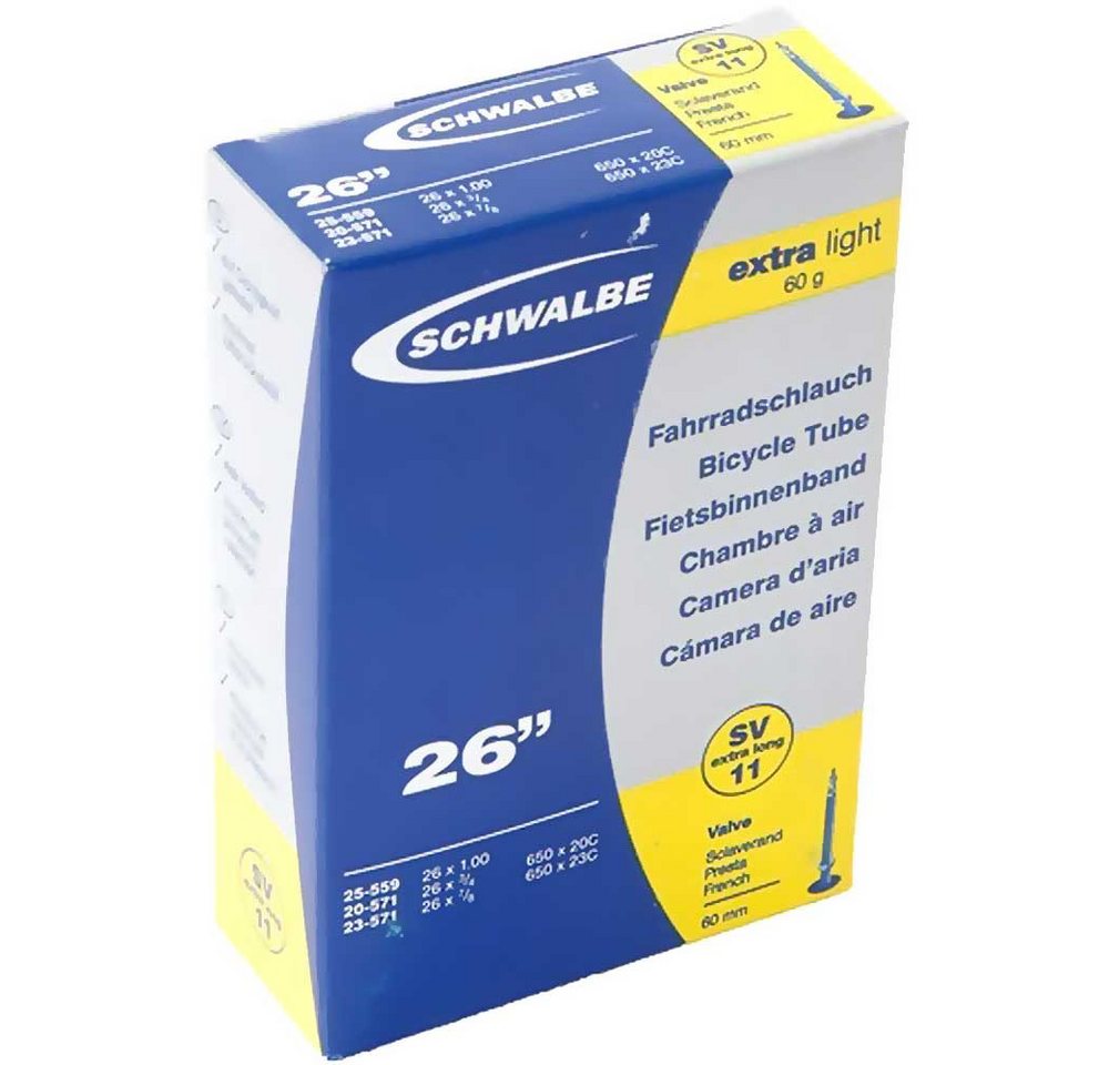 Schwalbe Fahrradschlauch SCHWALBE Schlauch Nr. 11 EXTRALIGHT 26 Zoll Sclaverandventil SV 60mm c von Schwalbe