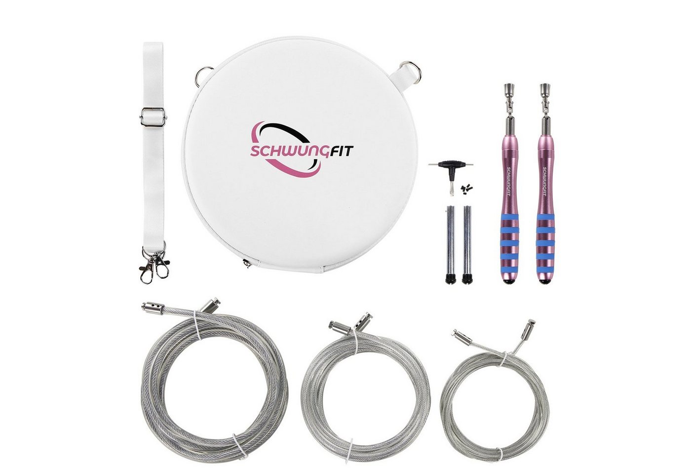 Schwungfit Springseil 3ER SET, 3 verschiedene Schwierigkeitsgrade, 2 extra angepasste ergonomische Handgriffe mit einer kompakten Umhängetasche mit Tragegurt von Schwungfit