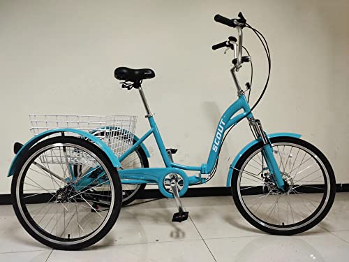 SCOUT Dreirad für Erwachsene, faltbares Dreirad, 61 cm Räder, 6-Gang-Shimano-Schaltung, Scheibenbremsen vorne und hinten (blaugrün) von Scout