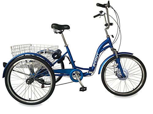SCOUT Elektrisches Dreirad, 24-Zoll-Räder, Klapprahmen, 6-Gang, 12,8 Ah, 250 W, elektrisches Dreirad, klappbares elektrisches Dreirad (mattblau) von Scout