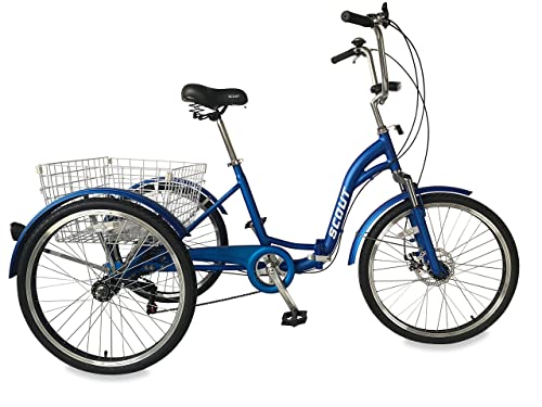 SCOUT Erwachsenen-Dreirad, klappbares Dreirad, 24 Zoll Räder, 6-Gang-Shimano-Schaltung, Scheibenbremsen vorne und hinten (blau) von Scout