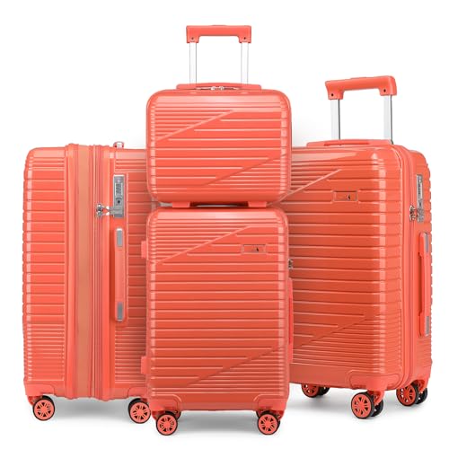 Sea choice 3 Teiliges Kofferset mit 8 Rädern, Polycarbonat-Hartschalen Spinner Trolley Koffer mit TSA Zulassung, 4 Teiliges Set (S/M/L/XL) für Reisen, Korallen Rot von Sea choice