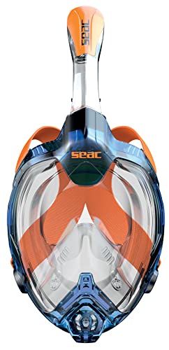 Seac Magica, Schnorchelmaske Vollgesichtsmaske Anti-Beschlag System mit einem weichen Maskenkörper, Dry Top Schnorchel mit Auslassventil, blau/orange, XS/S von SEAC