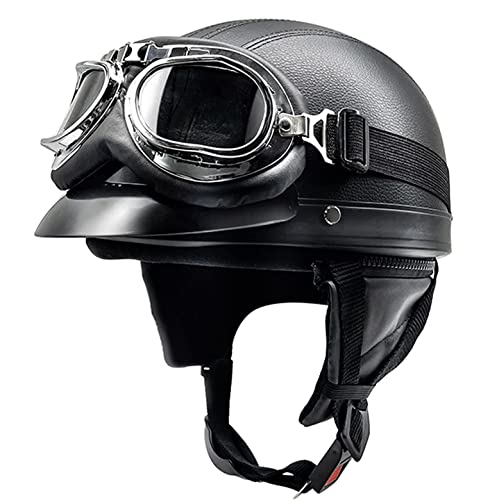 Halbhelme Motorradhelm, Pu-Leder Half Helm mit Schutzbrille, DOT/ECE-Zulassung Retro Halbschalenhelm, mit Schnellverschluss Schnalle, Erwachsene Unisex JetHelm 1,L=54-62 von Sebasty