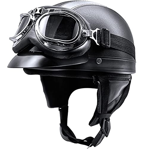 Halbhelme Motorradhelm, Pu-Leder Half Helm mit Schutzbrille, DOT/ECE-Zulassung Retro Halbschalenhelm, mit Schnellverschluss Schnalle, Erwachsene Unisex JetHelm 10,L=54-62 von Sebasty