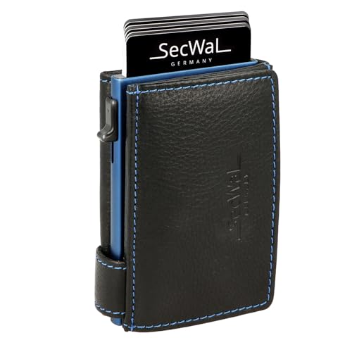 SecWaL Kartenetui mit XXL Münzfach Druckknopf inkl. Geschenkbox - Made in Germany - inkl. E-Book für Damen und Herren Blauer Container - RFID Schutz Geldbeutel mit Wiener Schachtel (Schwarz-Blau) von SecWal