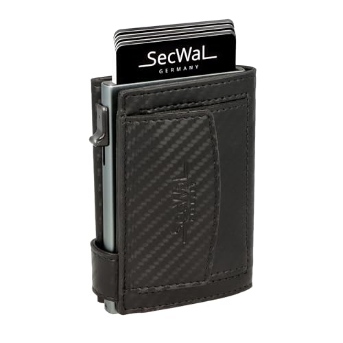 SecWal Kartenetui mit Münzfach Druckknopf inkl. Geschenkbox - Made in Germany - Echtleder Mini Geldbörse inkl. E-Book für Damen und Herren - RFID Schutz Geldbeutel klein (Carbon Schwarz) von SecWal