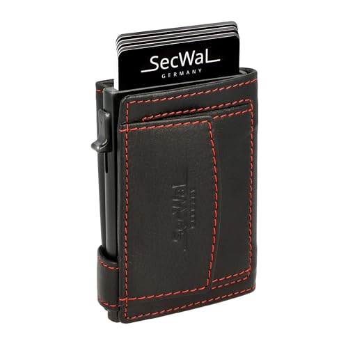 SecWal Kartenetui mit Münzfach Druckknopf inkl. Geschenkbox - Made in Germany - Echtleder Mini Geldbörse inkl. E-Book für Damen und Herren - RFID Schutz Geldbeutel klein (Schwarz-Rot) von SecWal