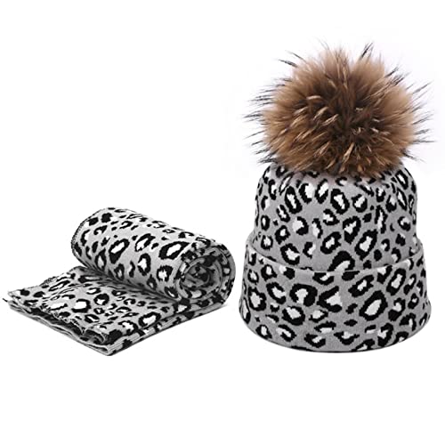 2Pcs Winter Damen Pompon Beanie Mütze Schal Set Leopard Warm Kunstpelz Pom Pom Grau von Secuos