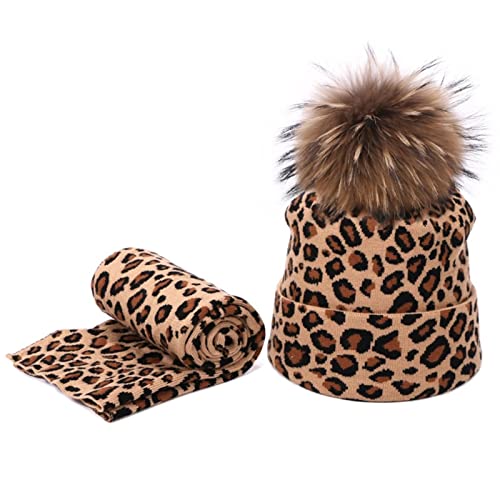 2Pcs Winter Frauen Pompon Beanie Mütze Schal Set Leopard Warm Kunstpelz Pom Pom Braun von Secuos