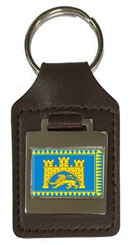 Leder-Schlüsselanhänger mit Gravur der Ukraine-Flagge von Lemberg, braun von Select Gifts