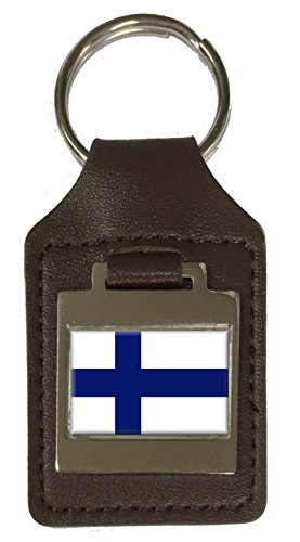 Schlüsselanhänger aus Leder, mit Gravur, Finnland-Flagge, braun von Select Gifts