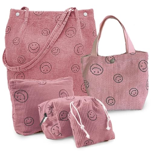 5 Stück Cordstoff Bag Set Select Zone Tasche Reise Kulturtasche Smile Face Kosmetiktasche Multifunktionaler Handtasche Make Up Bag für Damen von Select Zone