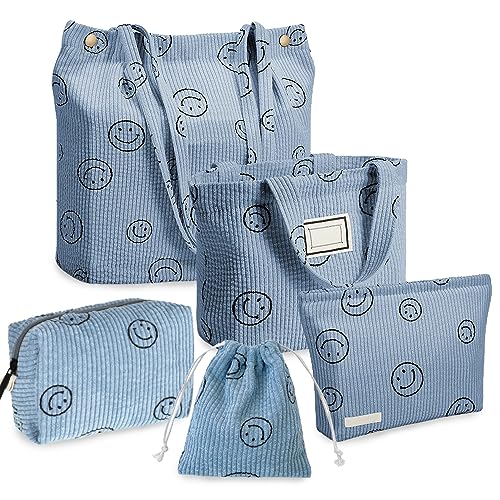 Select Zone 5 Stück Cordstoff Bag Set Tasche Reise Kulturtasche Smile Face Kosmetiktasche Multifunktionaler Handtasche Make Up Bag für Damen (Blau) von Select Zone