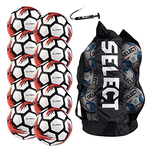 Select Classic Soccer Ball 10-Ball Team Pack mit Duffleballtasche und Ballpumpe, Weiß V21, Größe 4 von Select