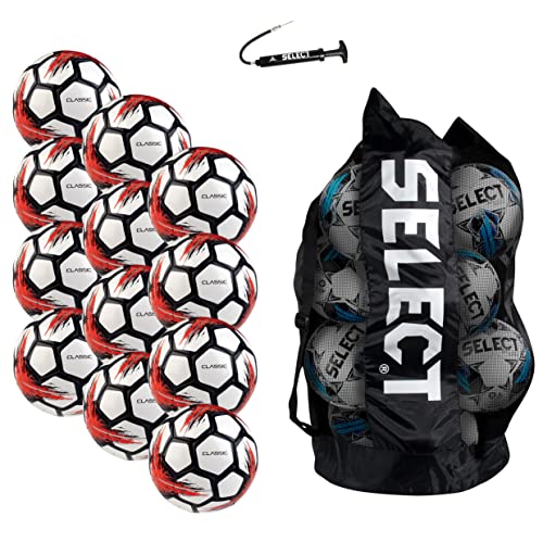 Select Classic V21 Fußball, 12er Ball Pack mit Duffle Ball Tasche und Handpumpe, weiß, Größe 5 von Select
