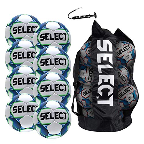 Select Turf Soccer Ball Paket, 8 Stück Fußball Bälle mit Duffle Ball Tasche und Handpumpe, Weiß/Blau/Grün, Größe 5 von Select