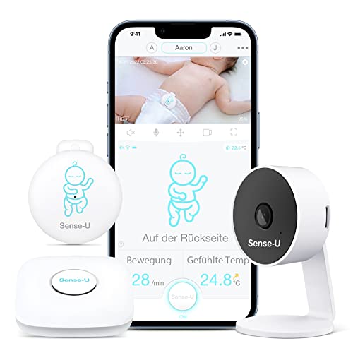 Sense-U Baby Monitor 3 mit Kamera,Babyphone,das Sie bei Bauchbewegungen,Rollen,Temperaturen und Erkannten Bewegungen Benachrichtigt, mit Nachtsicht,2-Wege-Sprechfunktion und Großer Reichweite von Sense-U