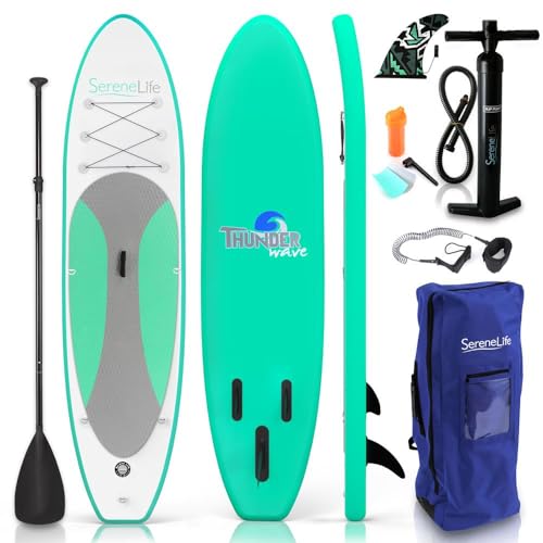 SereneLife Inflatable Stand Up Paddle Board (6 Inches Thick) with Premium SUP Accessories & Carry Bag | Wide Stance, Bottom Fin for Paddling, Surf Control, Non-Slip Deck | Youth & Adult Standing Boat von SereneLife