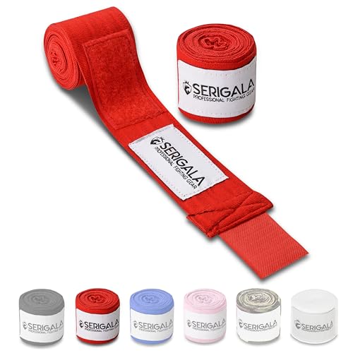 Serigala 4,5m Boxbandagen mit Daumenschlaufe - Halb elastische Bandagen Boxen mit extra breitem Klettverschluss - Kampfsport Bandagen für Thaiboxen, Kickboxen, MMA und Muay Thai Rot von Serigala