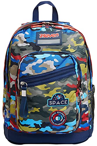 Seven Rucksack, Backpack für Schule, Uni & Freizeit, Geräumige Schultasche für Teenager, Mädchen und Jungen, mit Trinkflaschenfach, blau, italienisches Design, NEW FIT CAMO STAINS von Seven