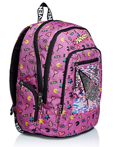 SEVEN Rucksack Advanced, Backpack für Schule, Uni & Freizeit, Geräumige Schultasche für Teenager, Mädchen, Jungen, Gepolsterter Schulranzen; STARRY RAINBOW, rotmit Laptopfach von Seven