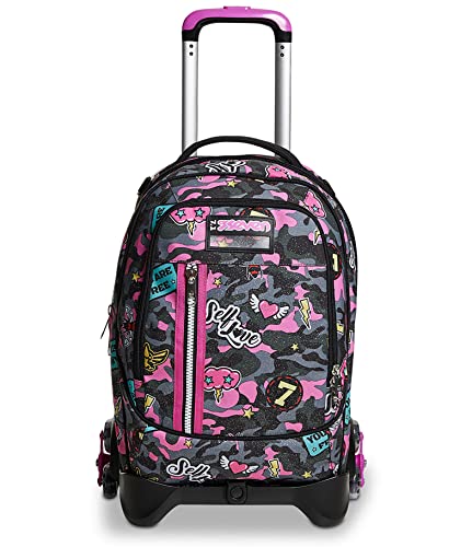 Seven TROLLEY Rucksack mit Trolleyfunktion, Schulranzen mit Rollen,3 in 1, Abnehmbarer Rucksack, ab 1. Klasse, für Schule,Gymnasium,Reisen&Freizeit, Mädchen&Jungen, JACK-3WD CAMOULOVE, schwarz/pink von Seven