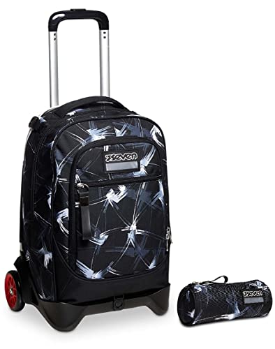 Seven Trolley New TECH SNAKY BOYRucksack mit Trolleyfunktion, 3 in 1, Schulranzen mit Rollen, für Schule, Gymnasium, Reisen&Freizeit,schwarz + Federmäppchen Federtasche für Schreibwaren,Teenager von Seven