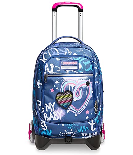 Seven TROLLEY Rucksack mit Trolleyfunktion, Schulranzen mit Rollen,3 in 1, Abnehmbarer Rucksack, ab 1. Klasse, für Schule,Gymnasium,Reisen&Freizeit, Mädchen&Jungen, JACK-3WD Rock On Girl, blau von Seven