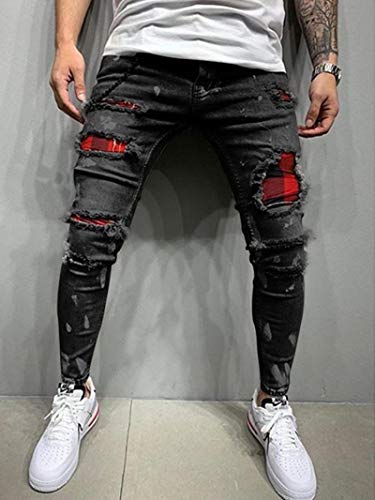 Jeans Mens Jeans Herren Slim-Fit Zerrissene Jeans Herren Painted Jeans Patch Herren Hip Hop Hose Größe L Schwarz von ShFhhwrl