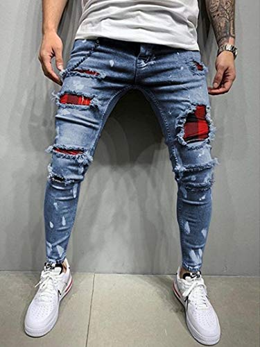 ShFhhwrl Jeans Mens Jeans Herren Slim-Fit Zerrissene Jeans Herren Painted Jeans Patch Herren Hip Hop Hose Gr. XL SkyBlue von ShFhhwrl